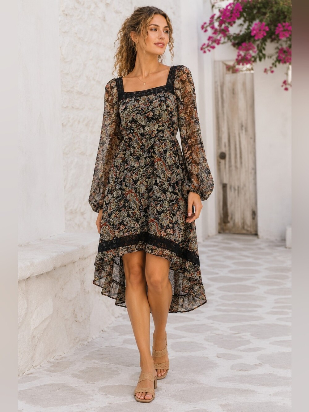 Band of Gypsies Floral Chiffon High Low Puff Sleeve Boho Dress Romantic Medium